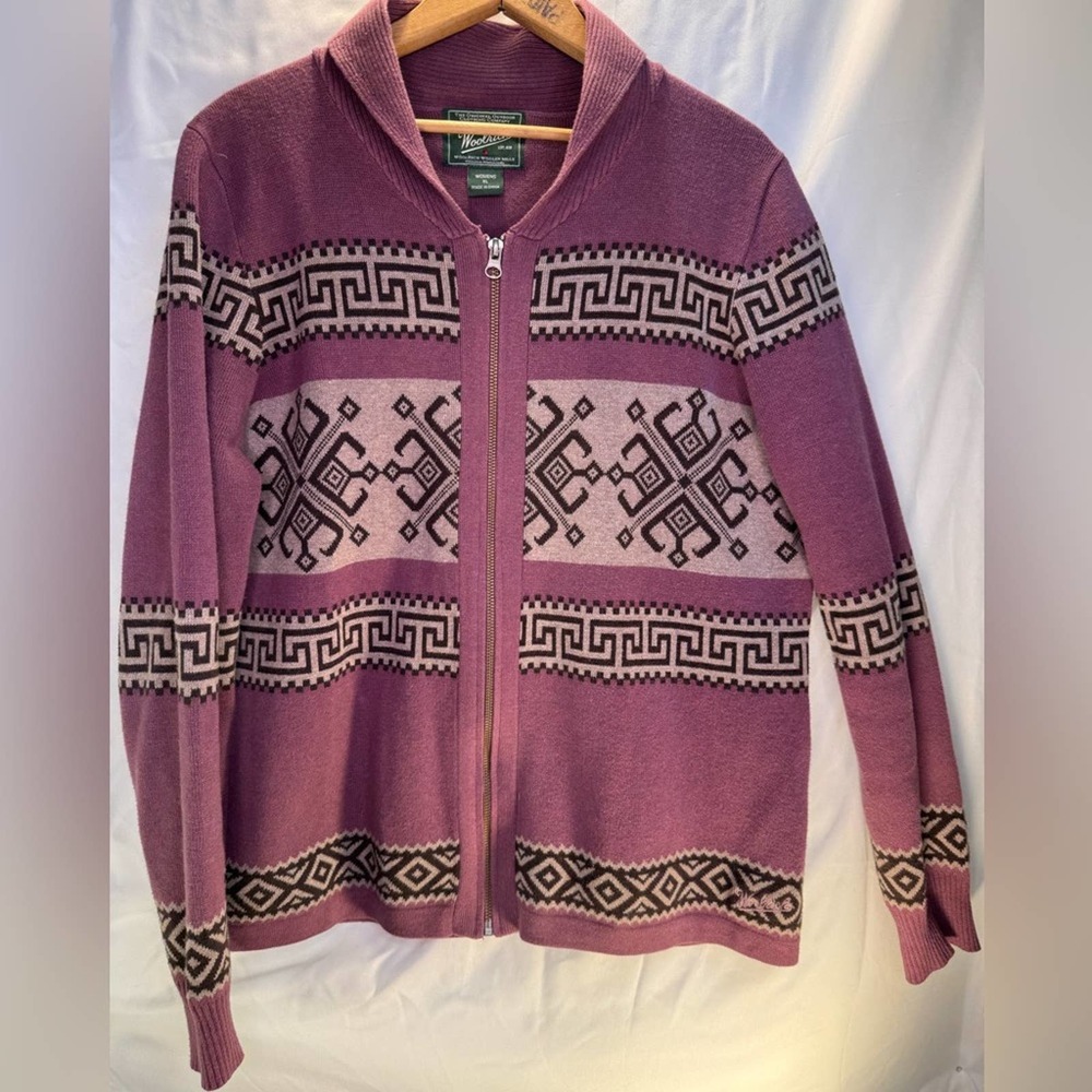 Woolrich Purple and Cream Geometric Zip Cardigan